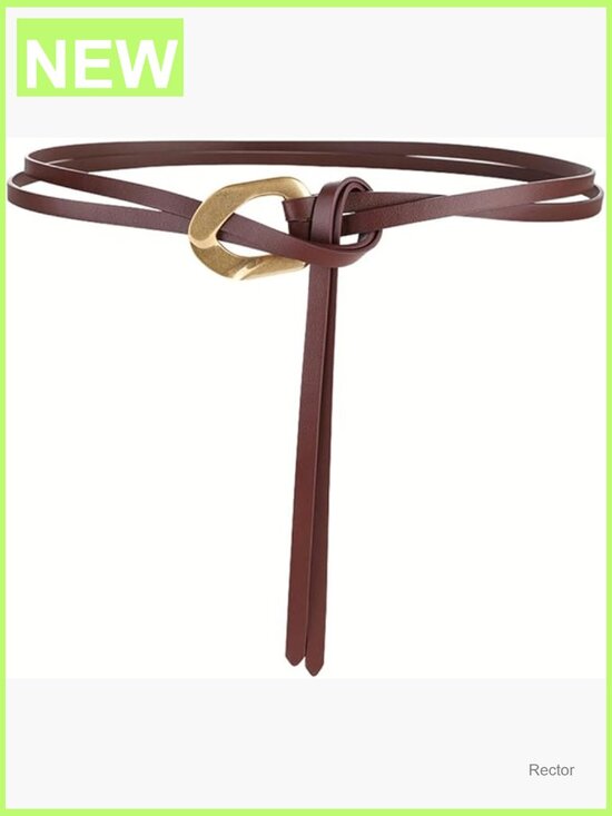 Double Strap Leather Skinny Belt Gold Buckle Tie Knot Closure